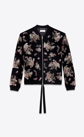 SAINT LAURENT Casual Jackets Man varsity black velvet jacket with hand-embroidered flowers a_V4